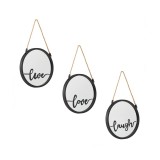 Set 3 oglinzi de perete, cu cadru de plastic negru, sfoara si imprimeu negru Love Live Laugh