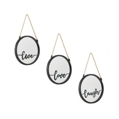 Set 3 oglinzi de perete, cu cadru de plastic negru, sfoara si imprimeu negru Love Live Laugh