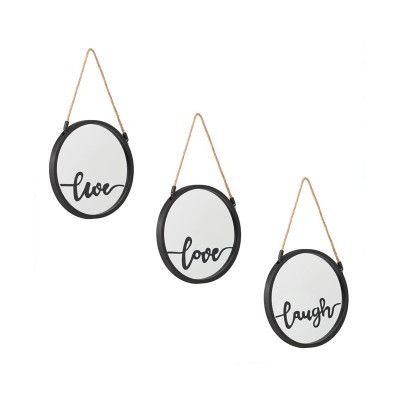 Set 3 oglinzi de perete, cu cadru de plastic negru, sfoara si imprimeu negru Love Live Laugh foto