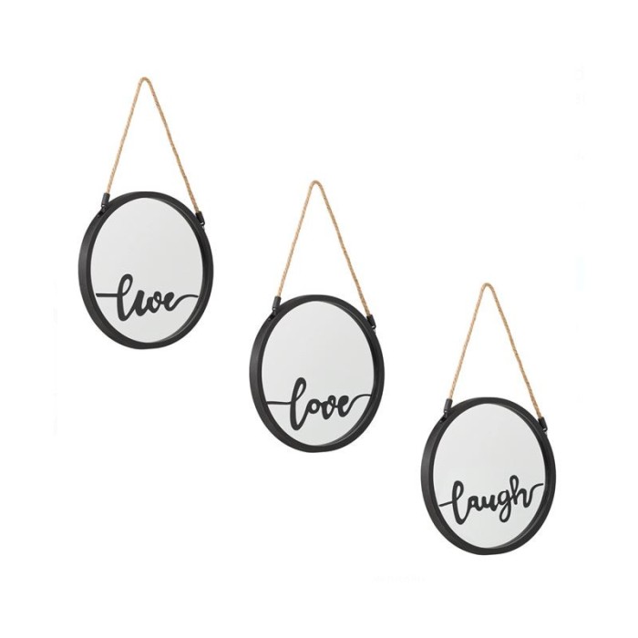 Set 3 oglinzi de perete, cu cadru de plastic negru, sfoara si imprimeu negru Love Live Laugh