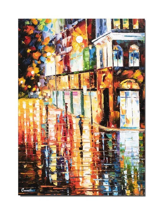 Tablou pictat manual, Peisaj citadin stilizat, 70x50cm ulei pe panza in cutit efect 3D, Spectaculos