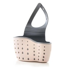 Organizator chiuveta bucatarie cu scurgere &acirc; suport laveta si burete, roz pastel, plastic flexibil, curea reglabila, 15x21 cm