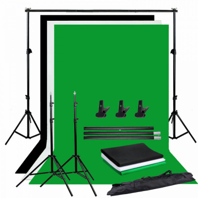 Kit Foto Studio Background, include 4 fundaluri multicolore, 3 x cleme, fundal verde, geanta de transport foto