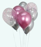 Set 15 Baloane Latex 30cm Hrom Roz/Argintiu/Puncte, Globos Festival, cu Panglica 15m