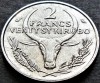 Moneda exotica 2 FRANCI KIROBO- MALAGASY MADAGASCAR, anul 1965 *cod 3847 B = UNC, Africa