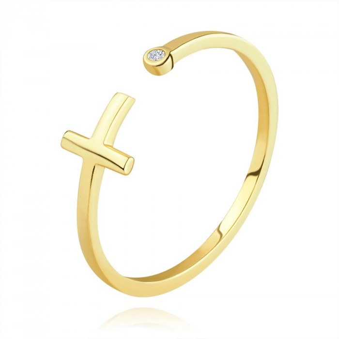 Inel deschis din aur galben 585 - cruce latină, zircon transparent, umeri &icirc;nguști - Marime inel: 54