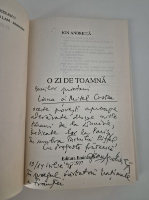 Carte cu autograf Ion Andreita O Zi de toamna foto