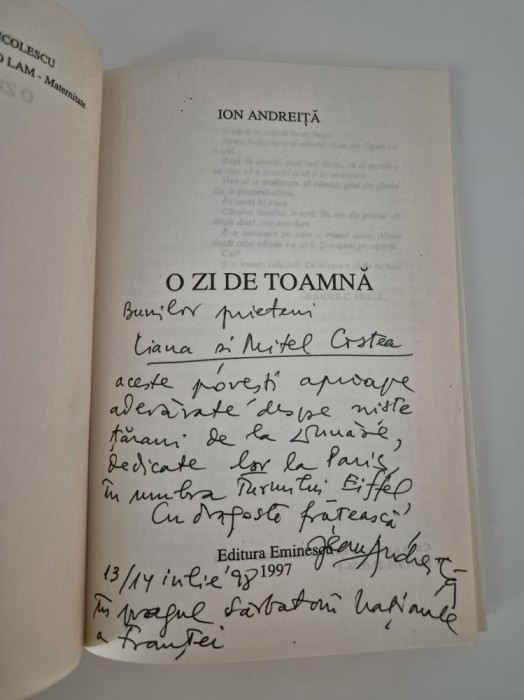 Carte cu autograf Ion Andreita O Zi de toamna