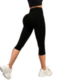 Colanti sport dama,trei sfert, 3 4, talie inalta pentru fitness si yoga, elastici, model capri, Negru - M