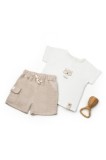 Cumpara ieftin Set tricou ecru cu pantaloni scurti TeddyBear, 100% bumbac organic, BabyCosy (Marime: 18-24 Luni)