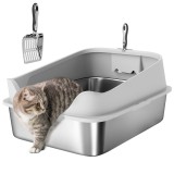 PawHut Arenero pentru Pisici din Oțel Inoxidabil XXL cu Margini &Icirc;nalte Lopată Ușor de Curățat Test de Scurgeri 70x50x30 cm Gri | Aosom Romania