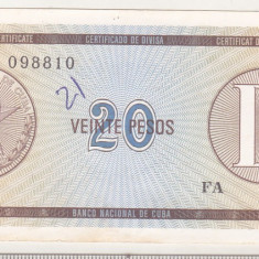 bnk bn Cuba 20 pesos exchange certificate , seria D , vf