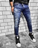 Blugi pentru barbati, albastri, slim fit, conici, casual, skinny, zgarieturi decorative - BR-03, 32