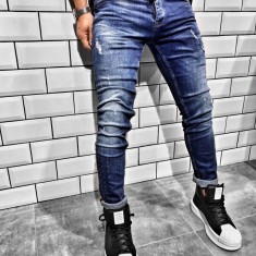 Blugi pentru barbati, albastri, slim fit, conici, casual, skinny, zgarieturi decorative - BR-03