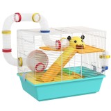 PawHut Cușcă pentru Hamsteri cu Roată, Căsuță, Bol, Rampe și Recipent Apă, Cușcă pentru Gerbili din Oțel, PS și PP, 45x28x37 cm, Alb și Albastru | Aos
