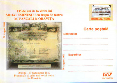 Intreg postal CP nec. 2003-135 de ani de la vizita lui M.Eminescu cu teatrul M.P foto