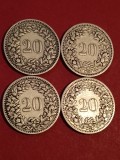 Lot 4 monede Elvetia (suita de 4): 20 rappen 1881 + 1883 + 1884 + 1885 [poze]. Discount de 10 % pentru achizitii de minimum 170 de lei., Europa