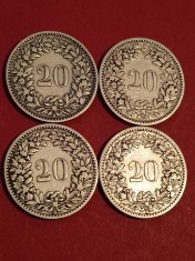 Lot 4 monede Elvetia (suita de 4): 20 rappen 1881 + 1883 + 1884 + 1885 [poze]. Discount de 10 % pentru achizitii de minimum 170 de lei.