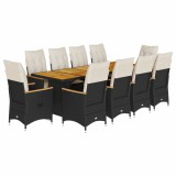 Cumpara ieftin Set bistro de gradina, 11 piese, cu perne, negru, poliratan