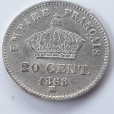 Moneda Franța 20 Centimes 1868 BB Strasbourg Argint Napoleon III R-1
