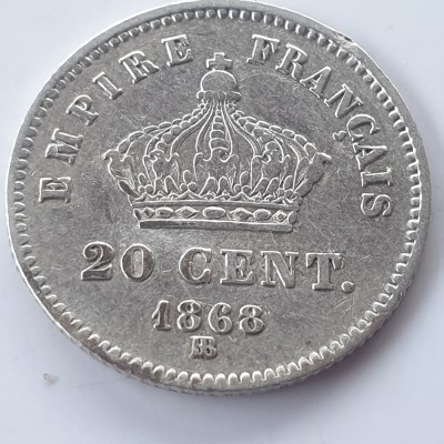 Franța 20 centimes 1868 BB/ Strasbourg argint Napoleon lll R-1 foto