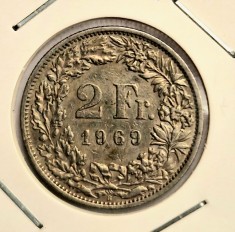 Elvetia 2 Francs 1969 franci km # 21a moneda cupru nichel Helvetia in picioare