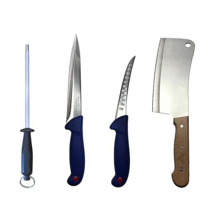 Set profesional de macelarie, injunghiat, transat, filetat, dezosat, 2 cutite, masat pentru ascutit, satar