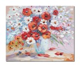 Tablou 3D maci si margarete pictat manual, 50x40cm ulei pe panza in cutit, Valentin Pop