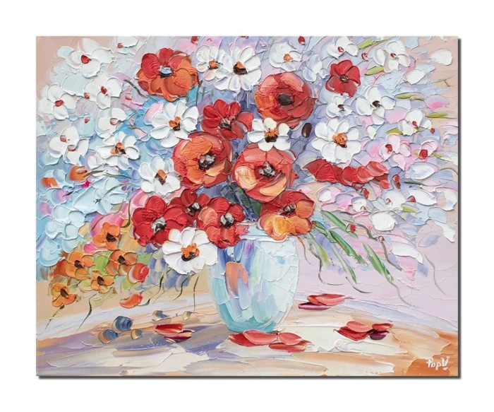 Tablou 3D maci si margarete pictat manual, 50x40cm ulei pe panza in cutit, Valentin Pop