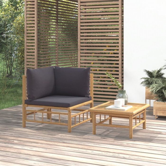 Set mobilier de gradina cu perne gri &icirc;nchis, 2 piese, bambus GartenMobel Dekor