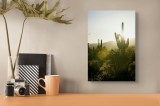 Tablou Canvas, "Răsărit printre cactușii deșertici", Soare, Apus, Cactuș, Siluetă, Deșert, Lumină, Peisaj, Natură, Arid, Tranquilitate, 26 x 39 cm, CM