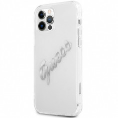 Husa Piele Guess Vintage Script Silver Logo pentru Apple iPhone 12 Pro Max, Transparenta GUHCP12LKTRSVSI