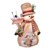 Decoratiune tema sarbatori de iarna, figurina Om de zapada cu palarie impodobita, fular, manusi si haina lunga cu blanita, cu mesaj Welcome, inaltime
