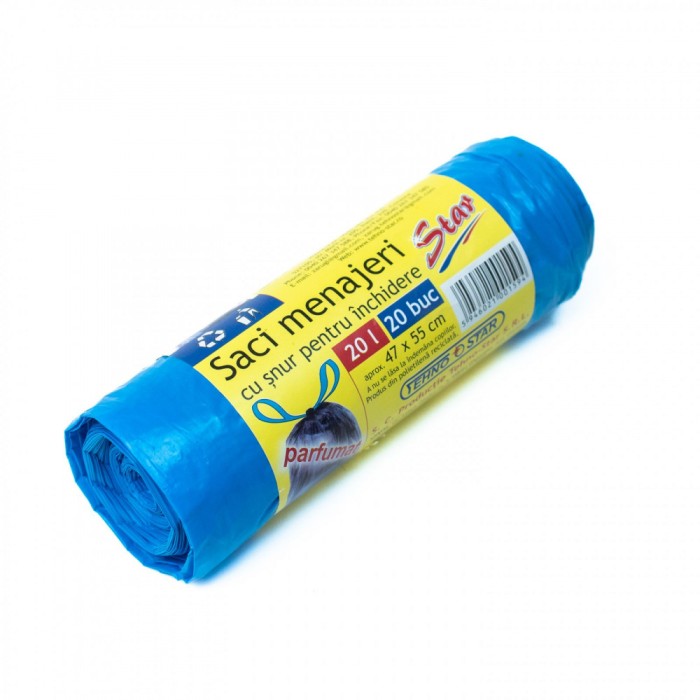 Saci Menajeri cu snur, 20L, Albastri, 20 buc rola
