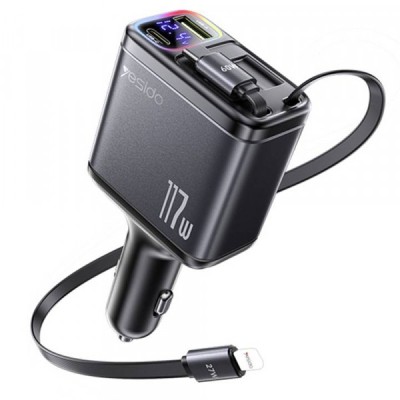 Incarcator Auto Cu Cablu USB-C / Lightning Yesido Y63 Display, 117W, 3A, 1 x USB-A - 1 x USB-C, Gri foto