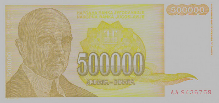 Bancnota Iugoslavia 500.000 Dinari 1994 - P143 UNC