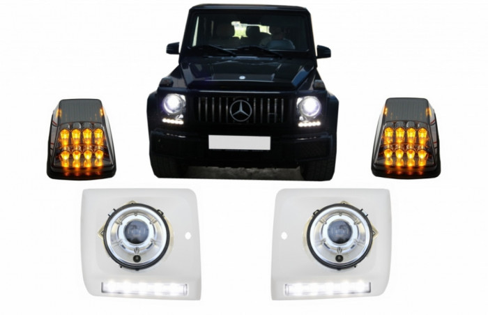 Carcasa faruri cu Lumini de zi dedicate LED DRL cu Faruri Crom si Lampi Semnalizare LED si MERCEDES G-Class W463 (1989-2012) G65 Design Performance Au