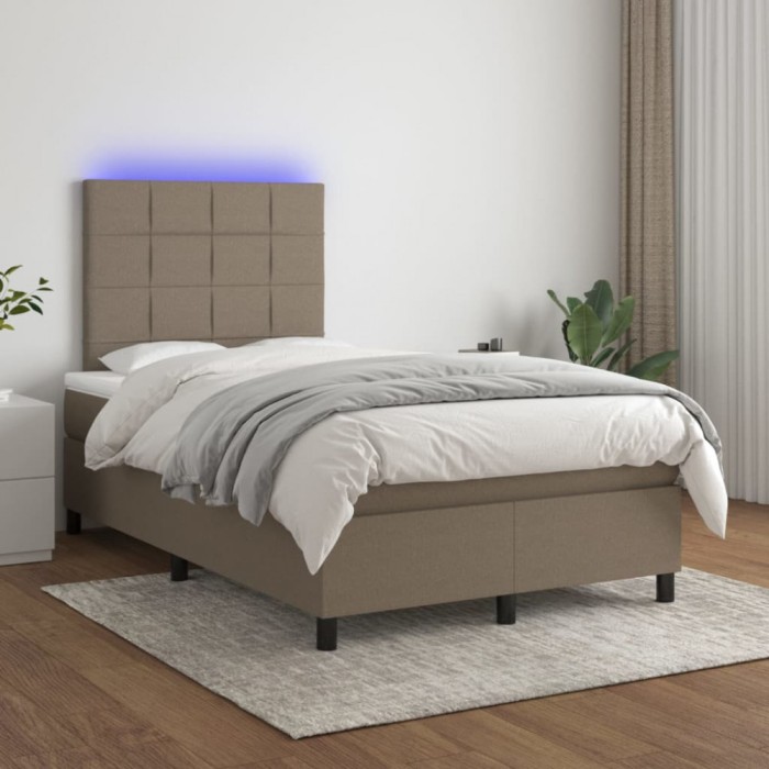 vidaXL Pat cu arcuri, saltea și LED, gri taupe, 120x200 cm, textil 3134865