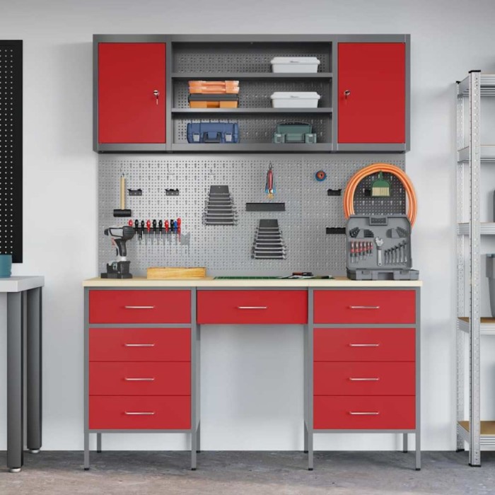 Set dulap lucru &amp; panou c&acirc;rlige, 7 piese, roșu, MDF &amp; metal