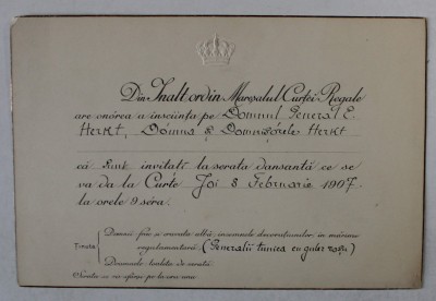 MARESALUL CURTII REGALE ROMANE - INVITATIE DIN INALT ORDIN PENTRU DL. GENERAL ENRIC HERKT CU FAMILIA , SERATA DANSANTA DIN DATA DE 8 FEBRUARIE foto