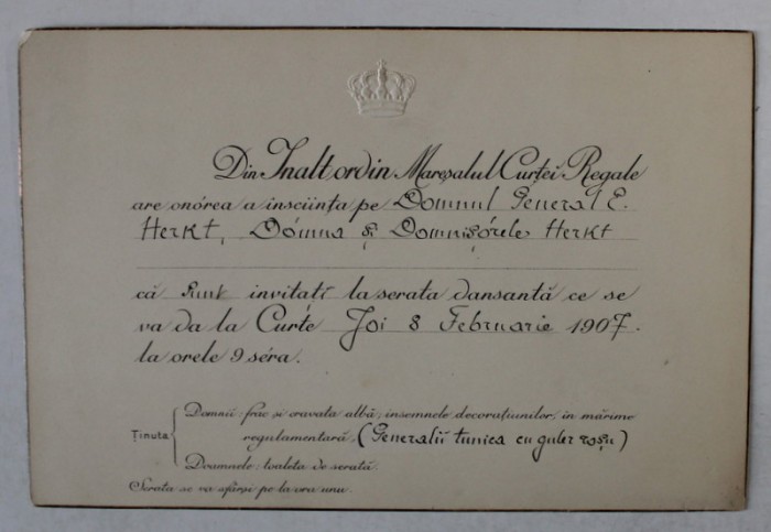 MARESALUL CURTII REGALE ROMANE - INVITATIE DIN INALT ORDIN PENTRU DL. GENERAL ENRIC HERKT CU FAMILIA , SERATA DANSANTA DIN DATA DE 8 FEBRUARIE