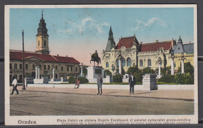 ORADEA PIATA UNIRII STATUIA REGELE FERDINAND PALATUL EPISCOPIEI CIRCULATA 1935