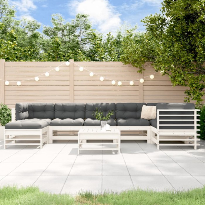 Gossi set mobilier de gradina cu perne, 8 piese, alb, lemn masiv