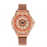 Ceas de dama elegant Geneva CS1127, bratara magnetica, cadran rotativ, model rose gold