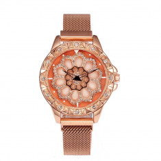 Ceas de dama elegant Geneva CS1127, bratara magnetica, cadran rotativ, model rose gold