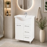 Baza si lavoar ceramic GN1531, mobilier baie stativ 55 cm, front MDF, 2 usi, 2 sertare, balamale soft close, picioare cromate reglabile, alb