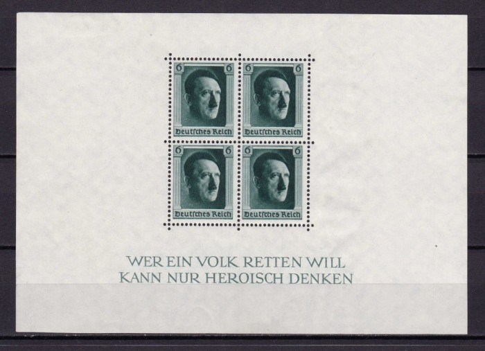 ✅ (S38) Germania Reich 1937 &quot; Aniversare Adolf Hitler-48 de ani&quot; serie Mi.646 in bloc/colita 7 ,lipsa partiala gumare original , sarniera ,MH