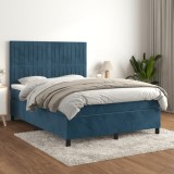 VidaXL Pat box spring cu saltea, albastru &icirc;nchis, 140x200 cm, catifea