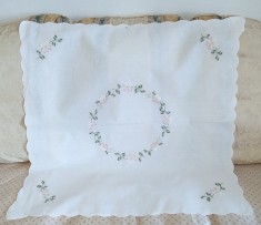 Fata de masa Vintage din bumbac cu broderie mecanica cu flori- ALB foto