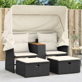Canapea Gradina vidaXL cu Baldachin, Poliratan Negru, 2 Locuri, Taburete &amp; Perne Incluse, Huse Lavabile